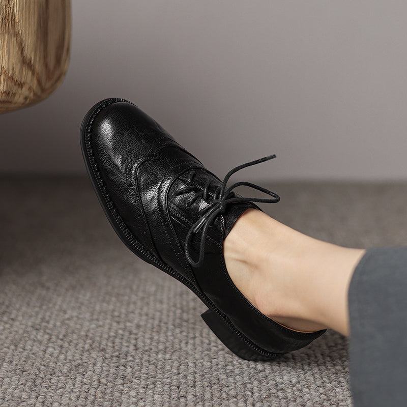 Women's Retro Leather Brogue Shoes Vintage Round Toe Lace-up Oxford Flats