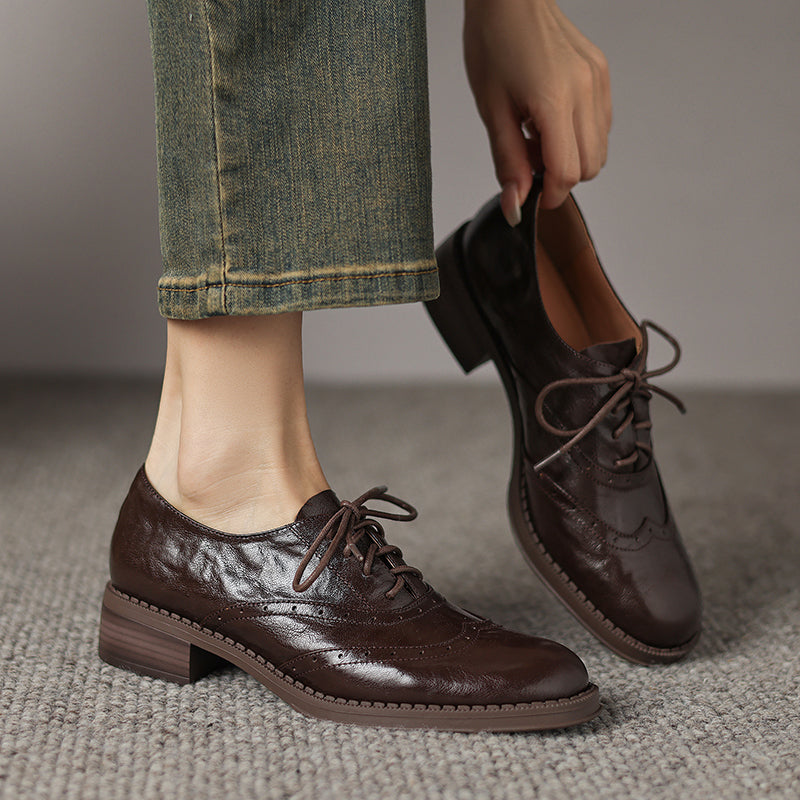 Women's Retro Leather Brogue Shoes Vintage Round Toe Lace-up Oxford Flats