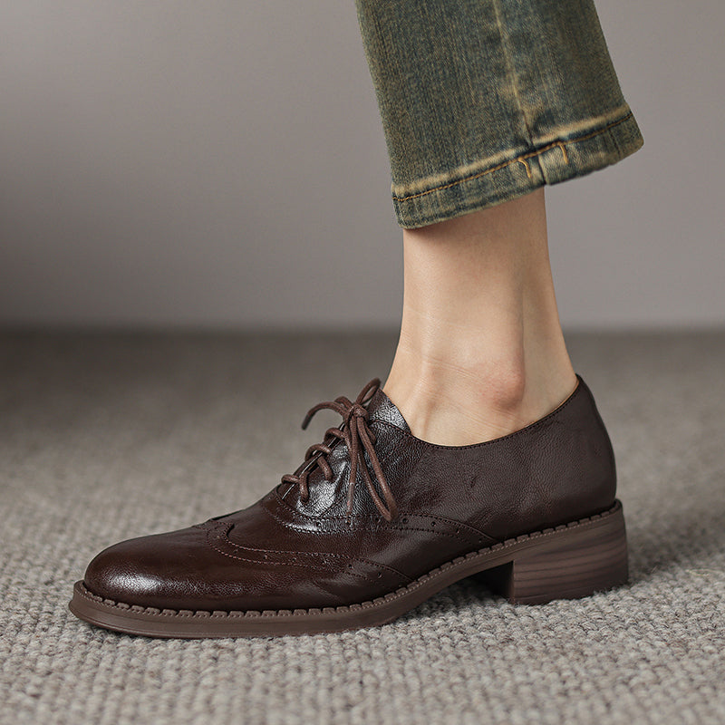 Women's Retro Leather Brogue Shoes Vintage Round Toe Lace-up Oxford Flats