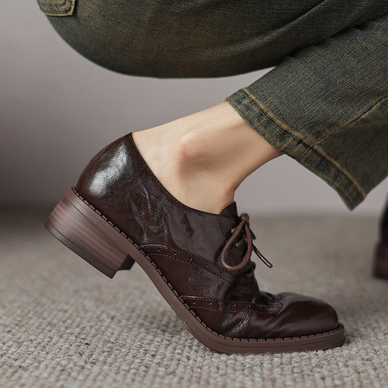 Women's Retro Leather Brogue Shoes Vintage Round Toe Lace-up Oxford Flats