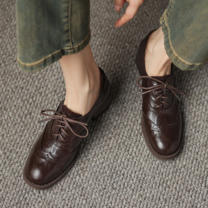 Women's Retro Leather Brogue Shoes Vintage Round Toe Lace-up Oxford Flats