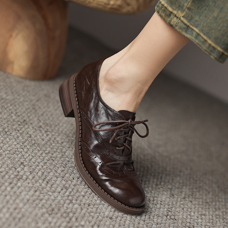 Women's Retro Leather Brogue Shoes Vintage Round Toe Lace-up Oxford Flats