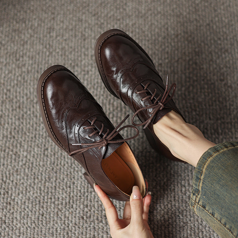 Women's Retro Leather Brogue Shoes Vintage Round Toe Lace-up Oxford Flats