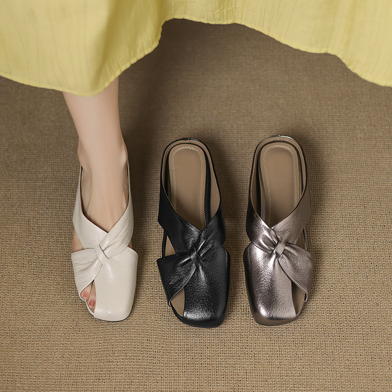 Women's Luxury All-Sheepskin Twist Mules Summer Slides - Elegant Square Toe