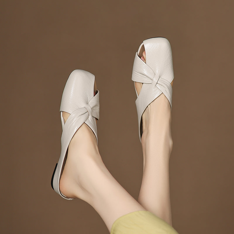 Women's Luxury All-Sheepskin Twist Mules Summer Slides - Elegant Square Toe