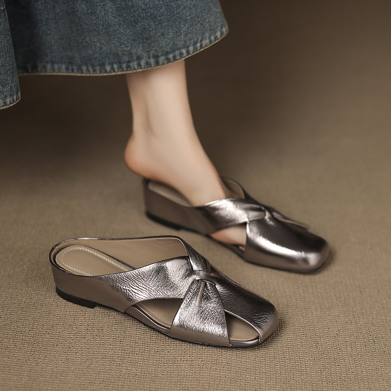 Women's Luxury All-Sheepskin Twist Mules Summer Slides - Elegant Square Toe