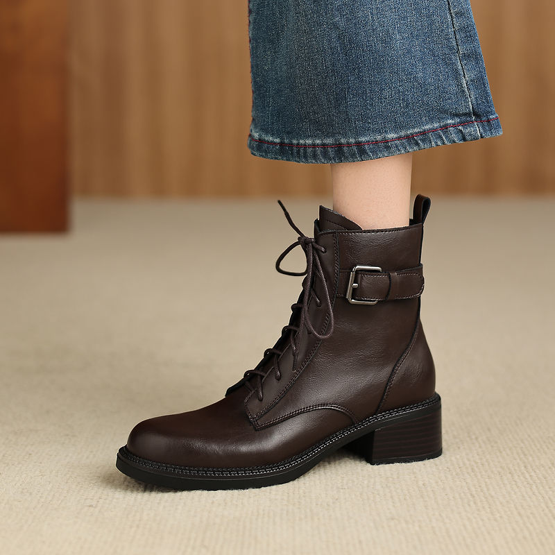 Women's Retro Cowhide Ankle Boots Round Toe Lace-up Buckle Strap Chunky High Heel Combat Booties