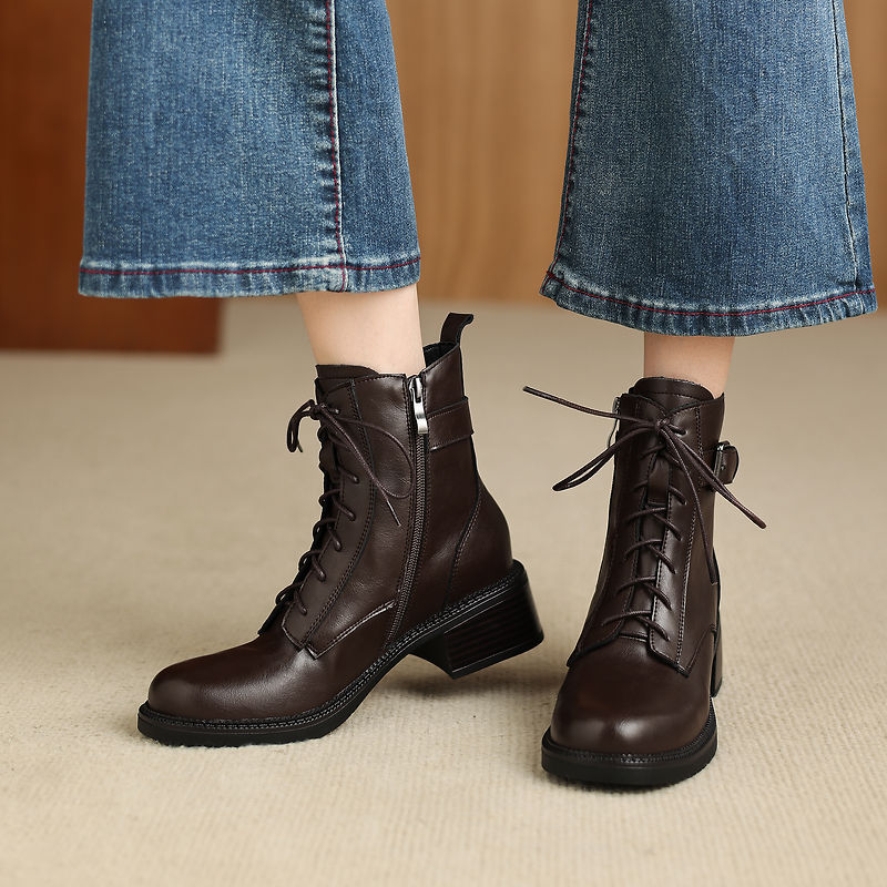 Women's Retro Cowhide Ankle Boots Round Toe Lace-up Buckle Strap Chunky High Heel Combat Booties