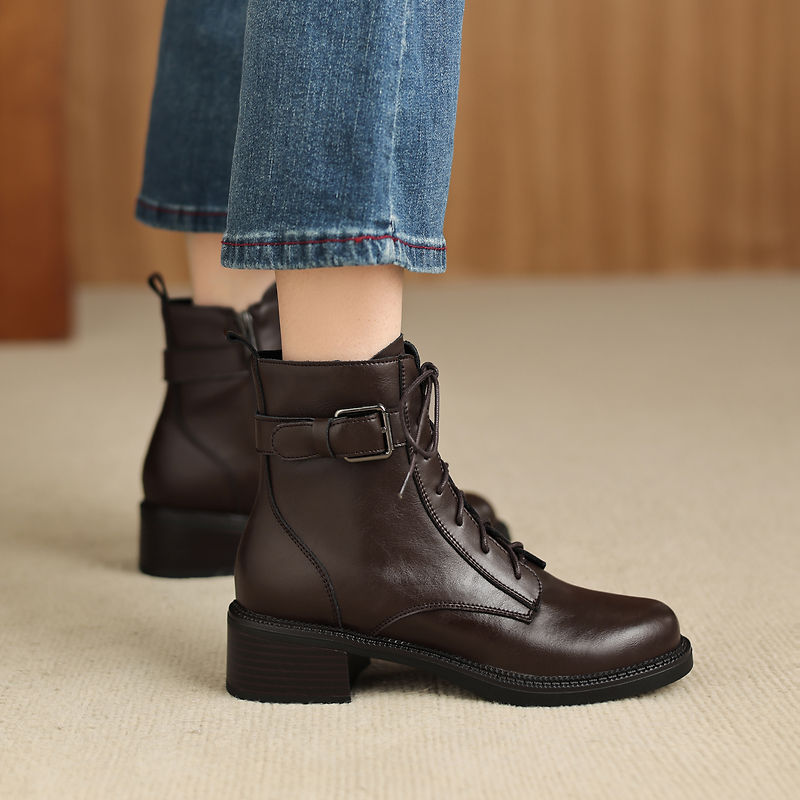 Women's Retro Cowhide Ankle Boots Round Toe Lace-up Buckle Strap Chunky High Heel Combat Booties