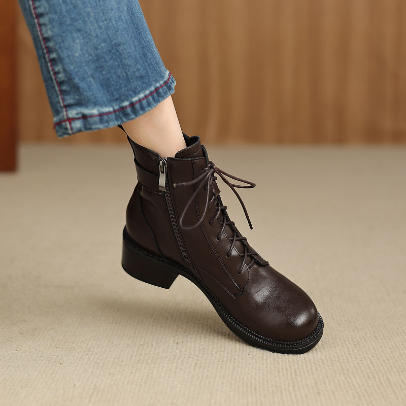 Women's Retro Cowhide Ankle Boots Round Toe Lace-up Buckle Strap Chunky High Heel Combat Booties