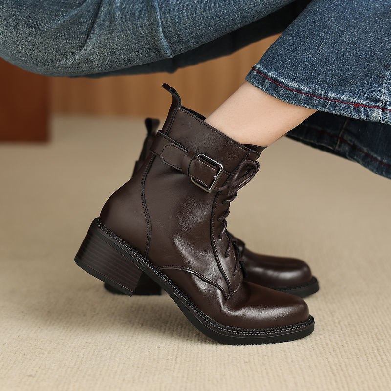 Women's Retro Cowhide Ankle Boots Round Toe Lace-up Buckle Strap Chunky High Heel Combat Booties