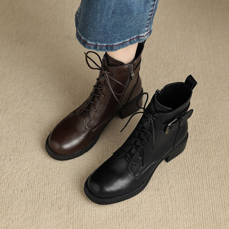 Women's Retro Cowhide Ankle Boots Round Toe Lace-up Buckle Strap Chunky High Heel Combat Booties