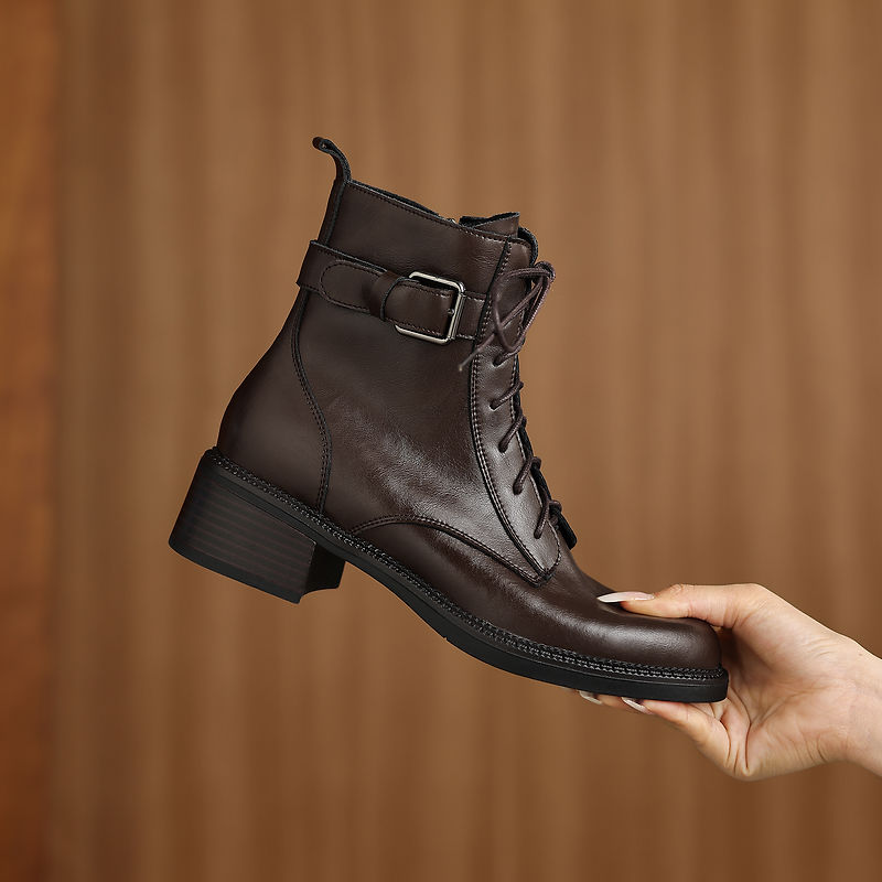 Women's Retro Cowhide Ankle Boots Round Toe Lace-up Buckle Strap Chunky High Heel Combat Booties