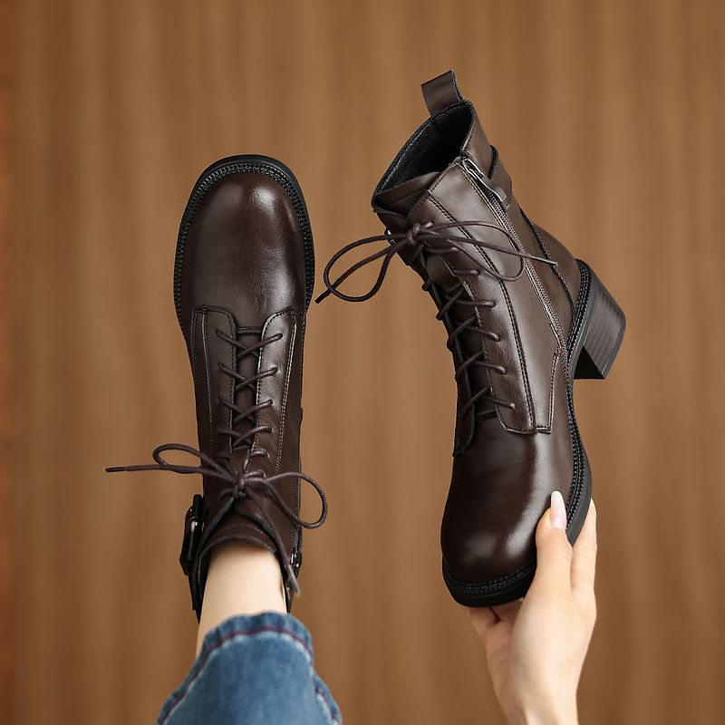 Women's Retro Cowhide Ankle Boots Round Toe Lace-up Buckle Strap Chunky High Heel Combat Booties