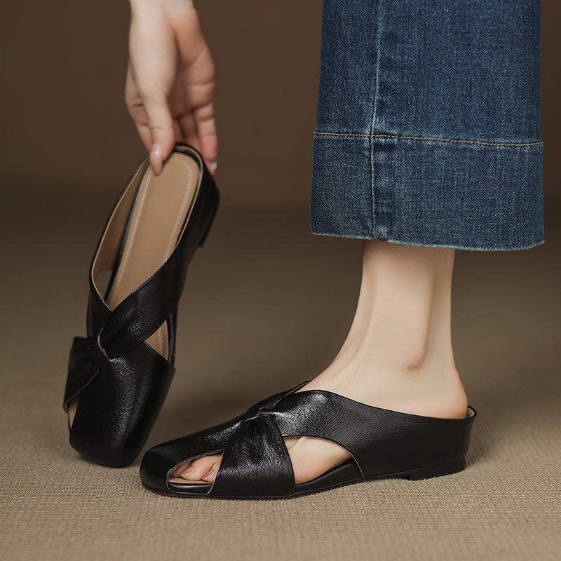 Women's Luxury All-Sheepskin Twist Mules Summer Slides - Elegant Square Toe