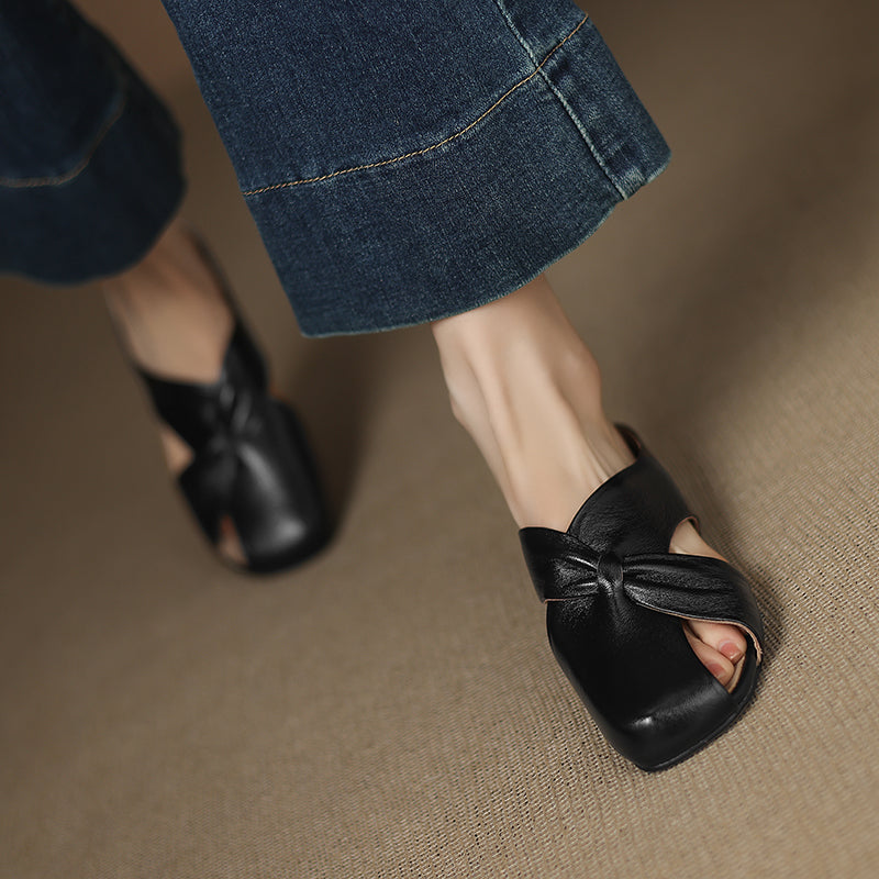 Women's Luxury All-Sheepskin Twist Mules Summer Slides - Elegant Square Toe