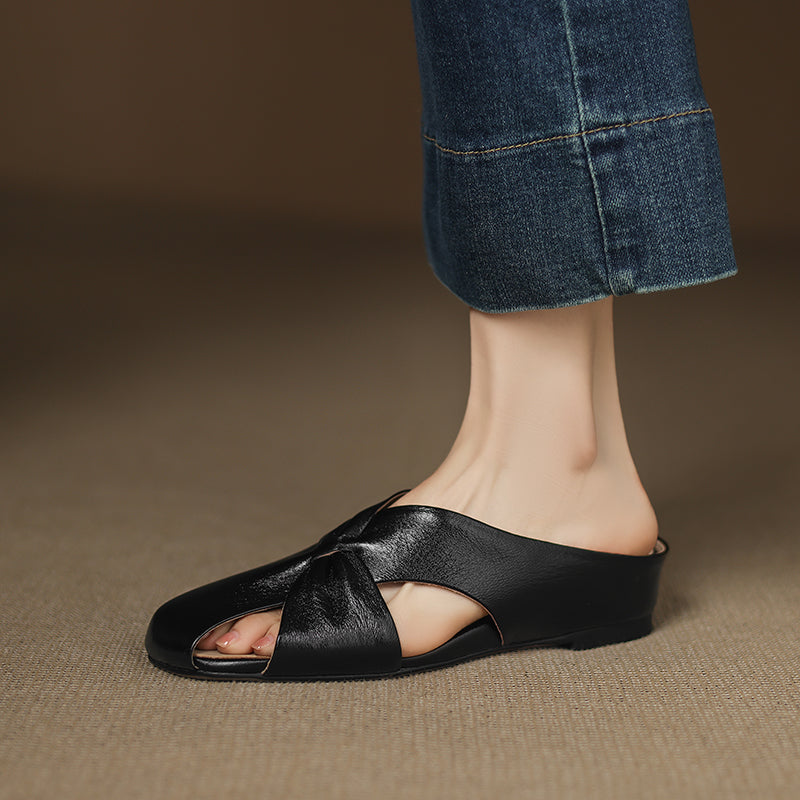 Women's Luxury All-Sheepskin Twist Mules Summer Slides - Elegant Square Toe