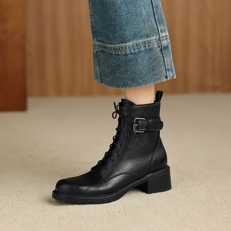 Women's Retro Cowhide Ankle Boots Round Toe Lace-up Buckle Strap Chunky High Heel Combat Booties
