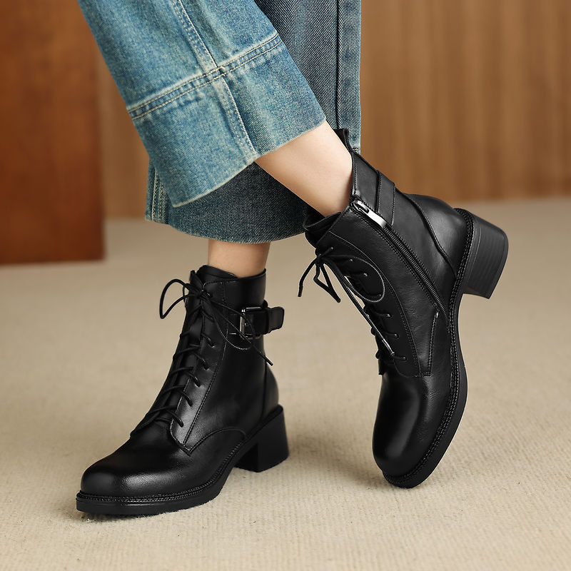 Women's Retro Cowhide Ankle Boots Round Toe Lace-up Buckle Strap Chunky High Heel Combat Booties