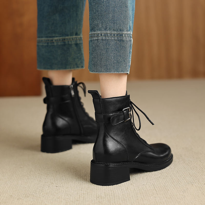 Women's Retro Cowhide Ankle Boots Round Toe Lace-up Buckle Strap Chunky High Heel Combat Booties