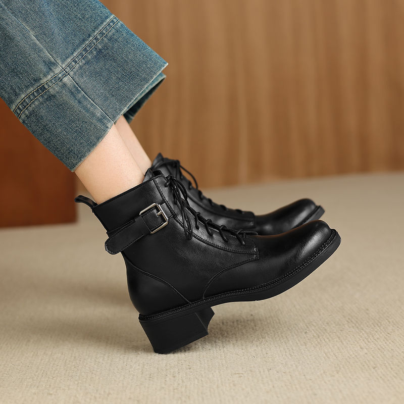 Women's Retro Cowhide Ankle Boots Round Toe Lace-up Buckle Strap Chunky High Heel Combat Booties
