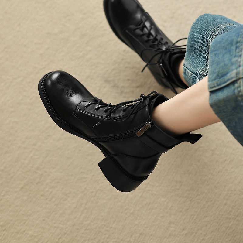 Women's Retro Cowhide Ankle Boots Round Toe Lace-up Buckle Strap Chunky High Heel Combat Booties