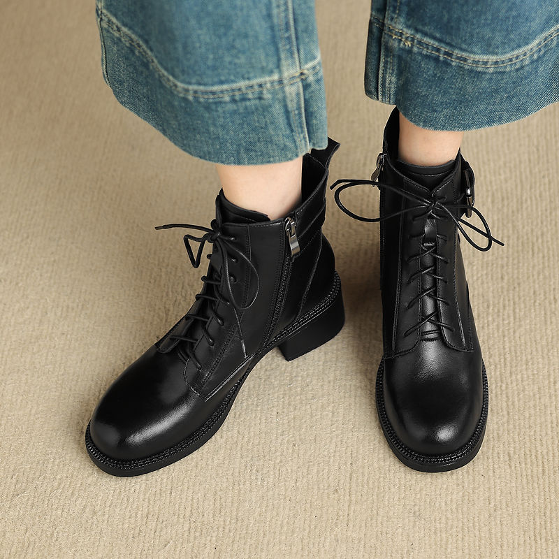 Women's Retro Cowhide Ankle Boots Round Toe Lace-up Buckle Strap Chunky High Heel Combat Booties