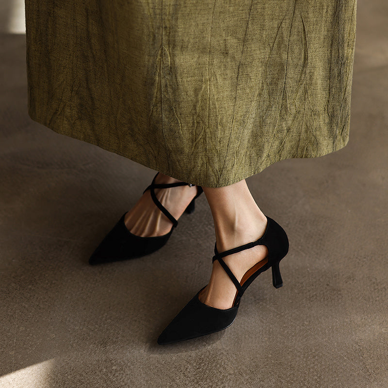 Women's Sheepskin Suede Pointed-Toe Pumps Stiletto Heel - Criss-cross Straps