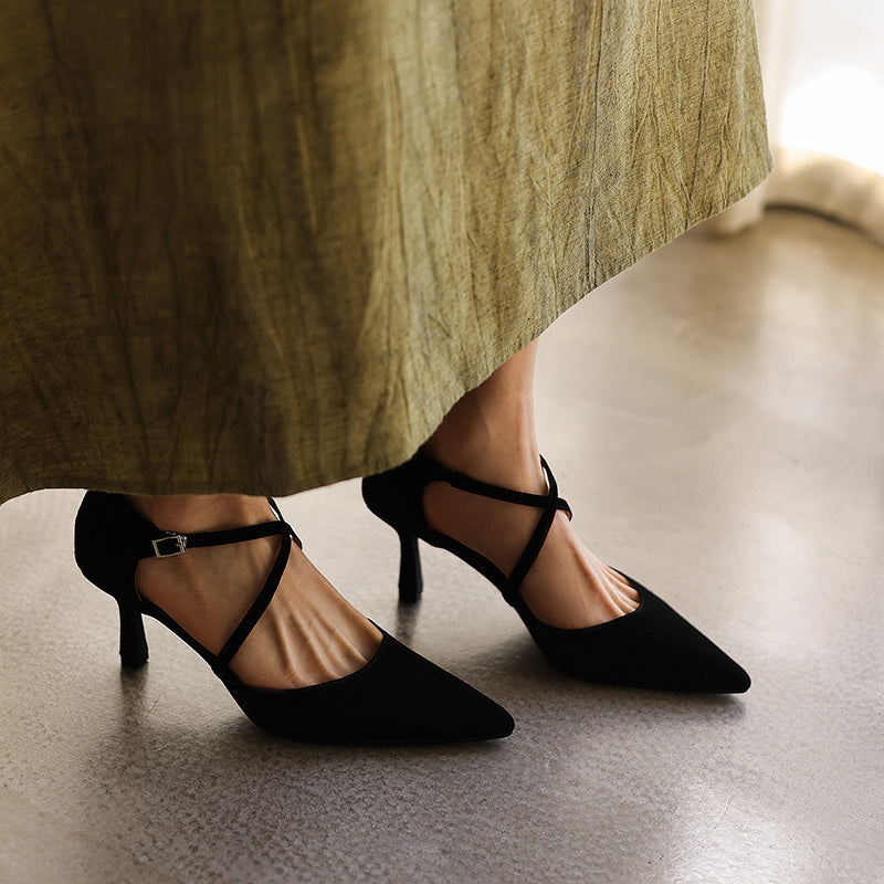 Women's Sheepskin Suede Pointed-Toe Pumps Stiletto Heel - Criss-cross Straps