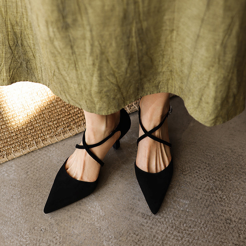Women's Sheepskin Suede Pointed-Toe Pumps Stiletto Heel - Criss-cross Straps