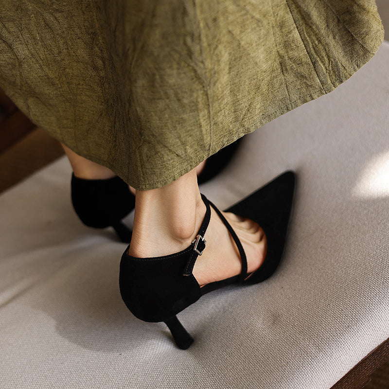 Women's Sheepskin Suede Pointed-Toe Pumps Stiletto Heel - Criss-cross Straps
