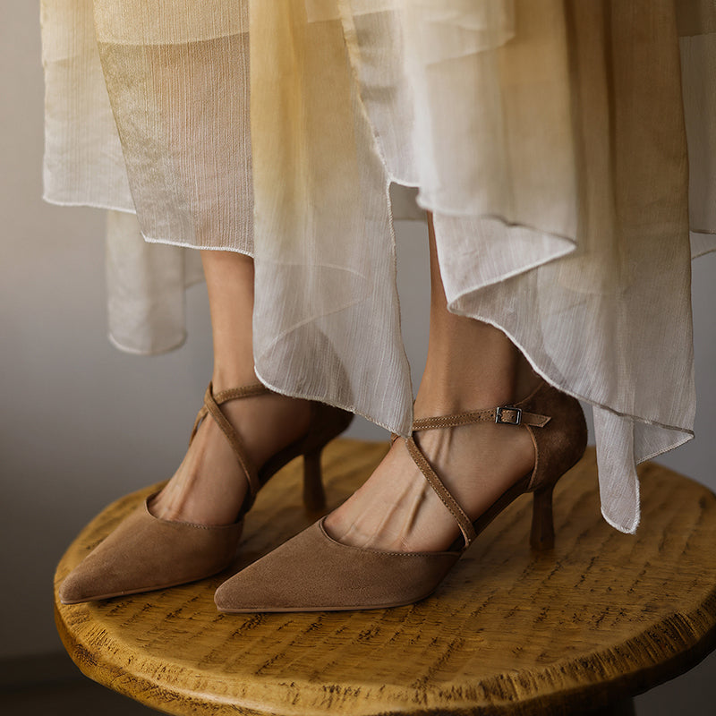 Women's Sheepskin Suede Pointed-Toe Pumps Stiletto Heel - Criss-cross Straps