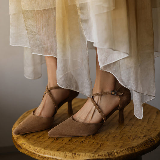 Women's Sheepskin Suede Pointed-Toe Pumps Stiletto Heel - Criss-cross Straps