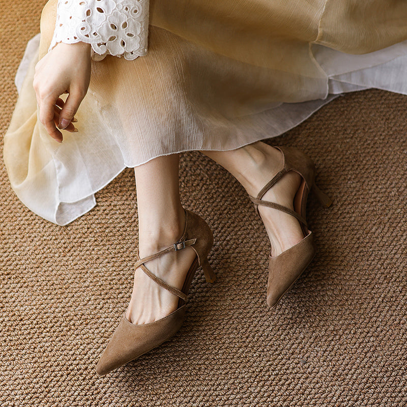 Women's Sheepskin Suede Pointed-Toe Pumps Stiletto Heel - Criss-cross Straps