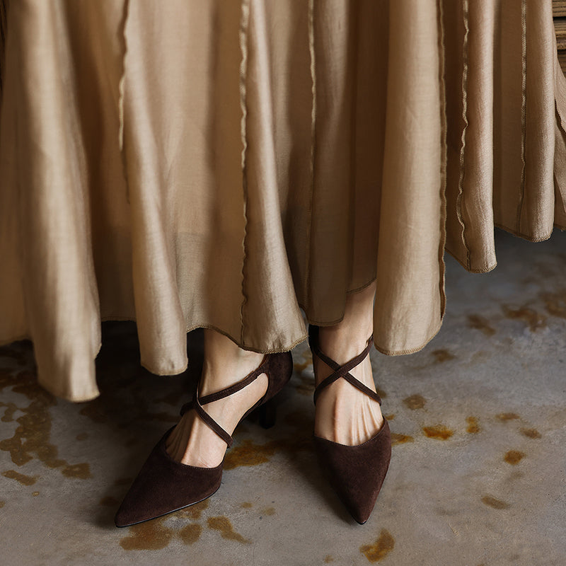 Women's Sheepskin Suede Pointed-Toe Pumps Stiletto Heel - Criss-cross Straps