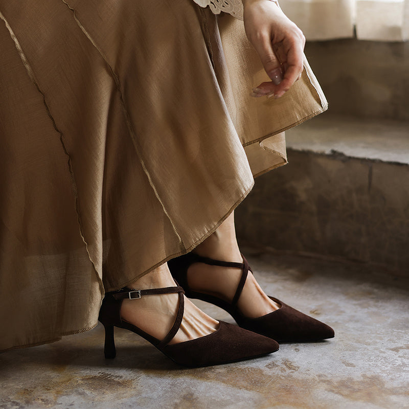 Women's Sheepskin Suede Pointed-Toe Pumps Stiletto Heel - Criss-cross Straps
