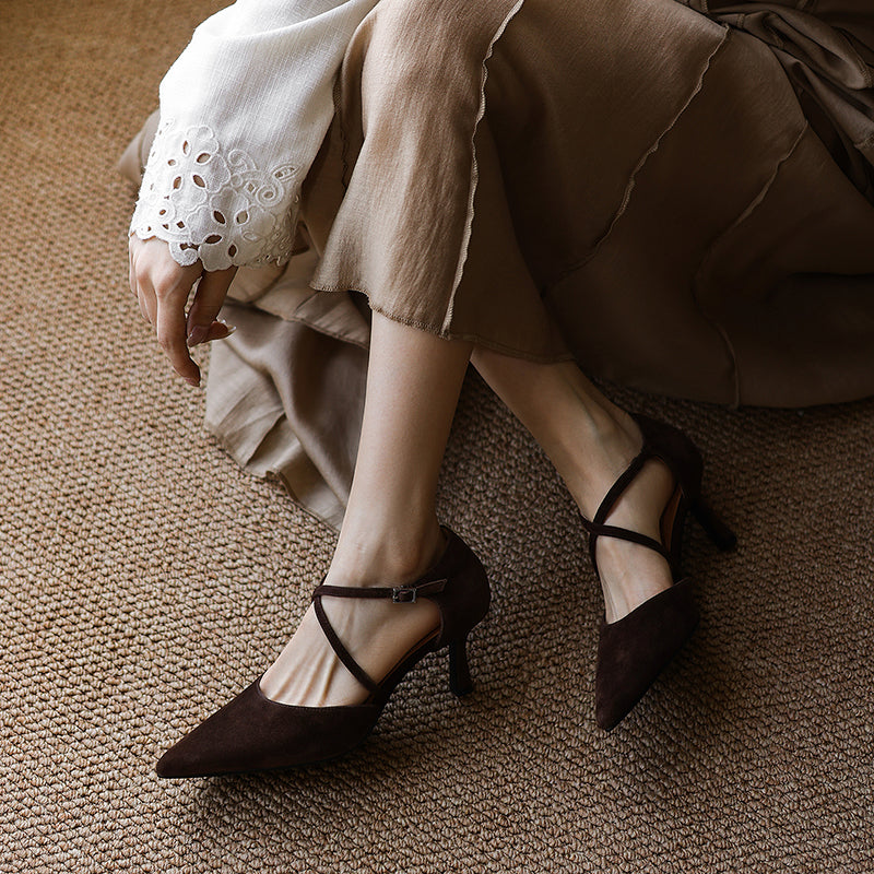 Women's Sheepskin Suede Pointed-Toe Pumps Stiletto Heel - Criss-cross Straps