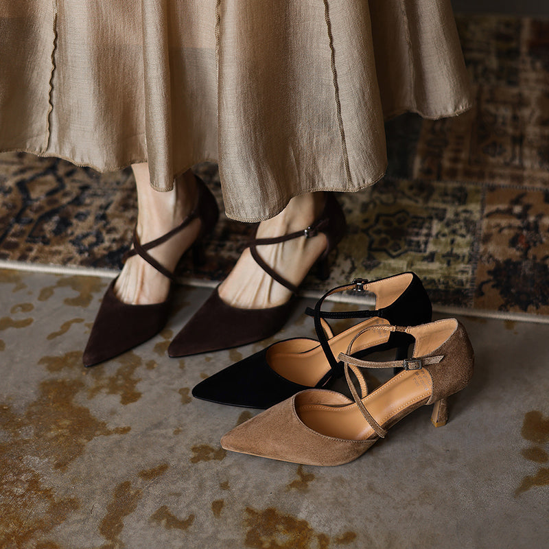 Women's Sheepskin Suede Pointed-Toe Pumps Stiletto Heel - Criss-cross Straps