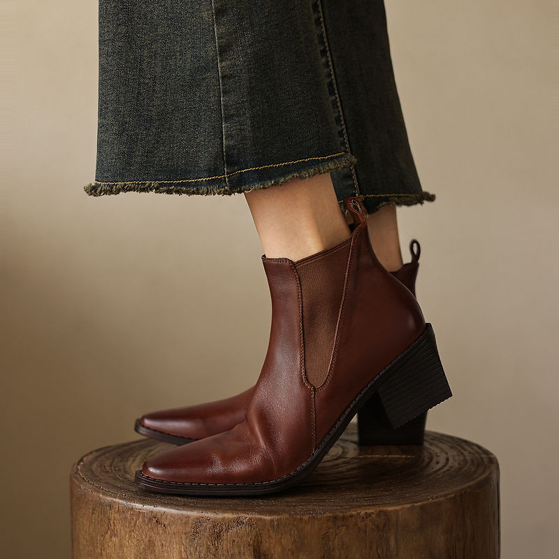 Women's Retro Cowhide Chelsea Boots Vintage Square Toe Slip-on Block High Heel Booties