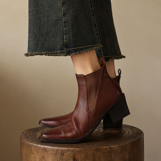 Women's Retro Cowhide Chelsea Boots Vintage Square Toe Slip-on Block High Heel Booties