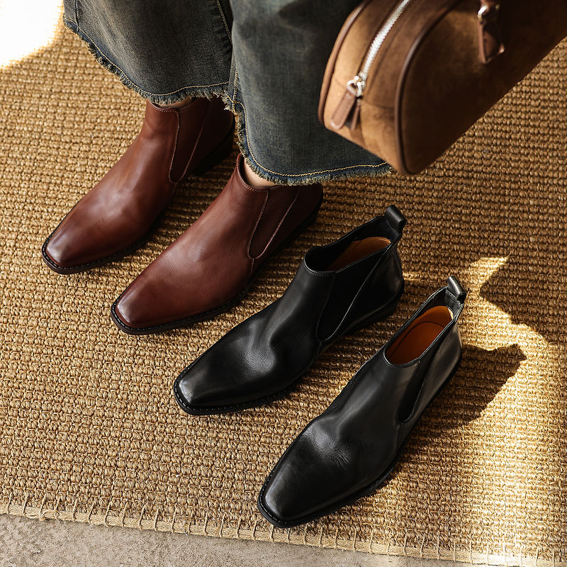 Women's Retro Cowhide Chelsea Boots Vintage Square Toe Slip-on Block High Heel Booties