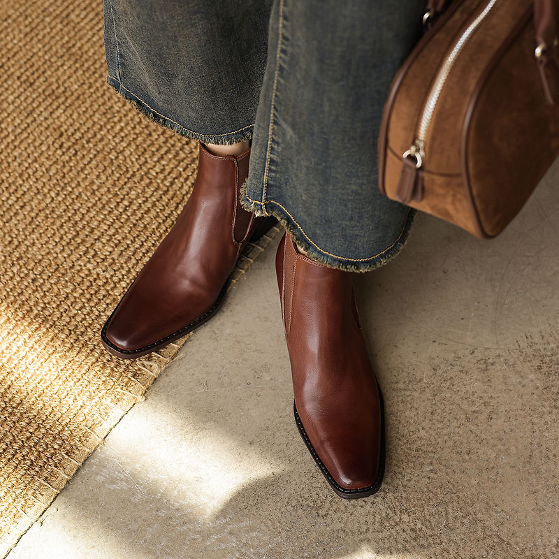 Women's Retro Cowhide Chelsea Boots Vintage Square Toe Slip-on Block High Heel Booties