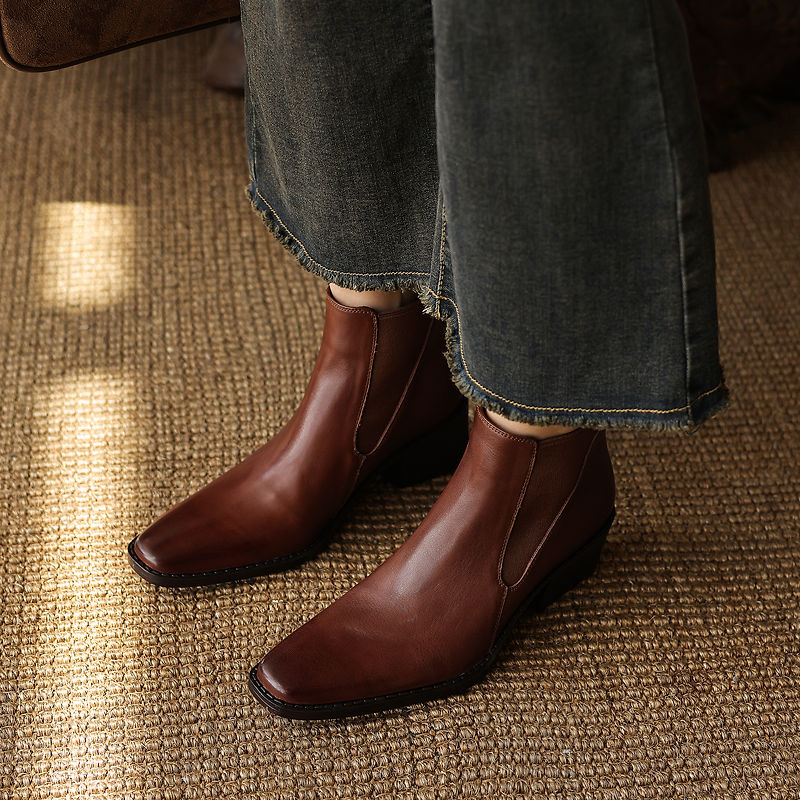 Women's Retro Cowhide Chelsea Boots Vintage Square Toe Slip-on Block High Heel Booties