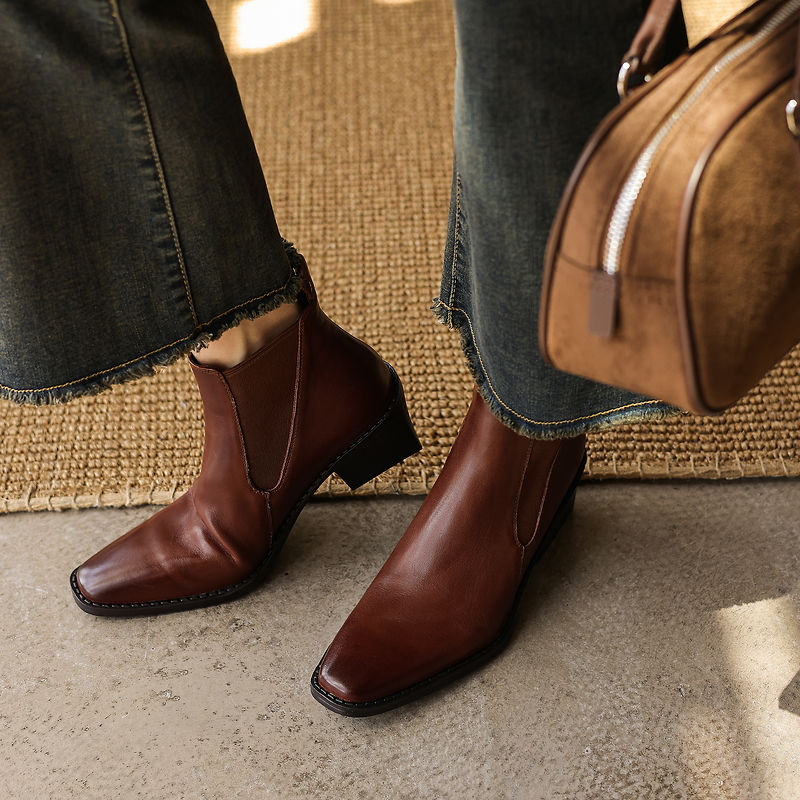 Women's Retro Cowhide Chelsea Boots Vintage Square Toe Slip-on Block High Heel Booties