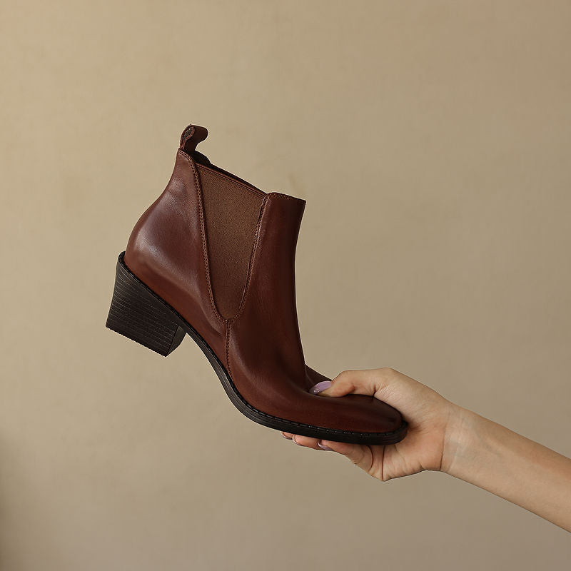 Women's Retro Cowhide Chelsea Boots Vintage Square Toe Slip-on Block High Heel Booties