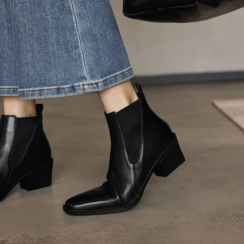 Women's Retro Cowhide Chelsea Boots Vintage Square Toe Slip-on Block High Heel Booties