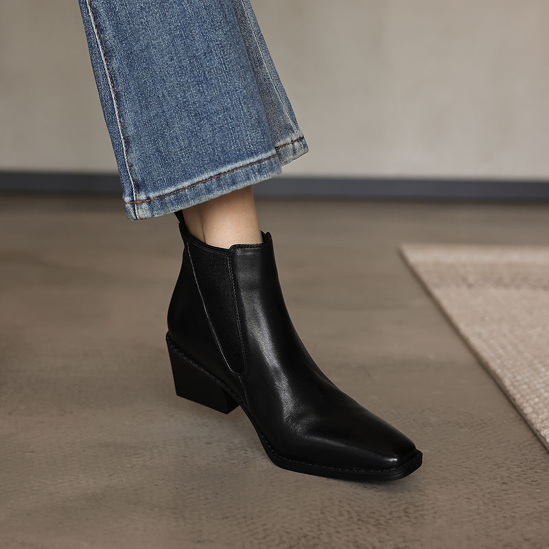 Women's Retro Cowhide Chelsea Boots Vintage Square Toe Slip-on Block High Heel Booties