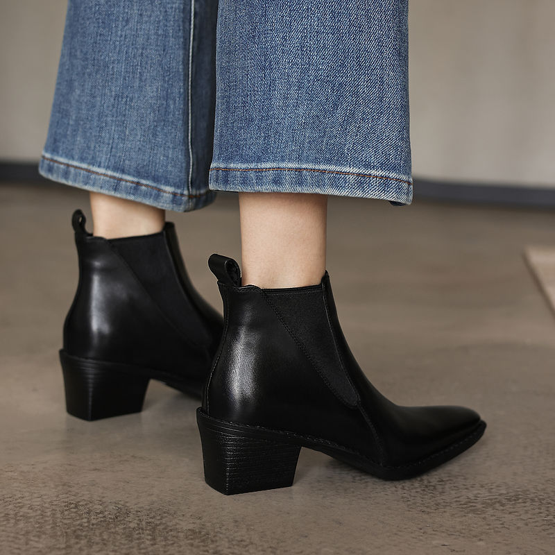 Women's Retro Cowhide Chelsea Boots Vintage Square Toe Slip-on Block High Heel Booties