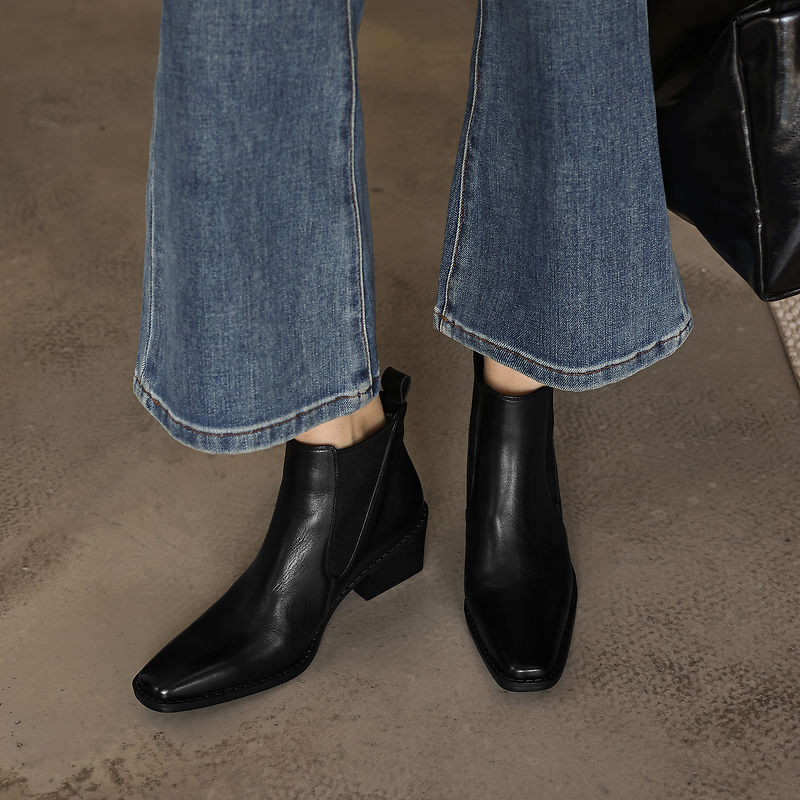 Women's Retro Cowhide Chelsea Boots Vintage Square Toe Slip-on Block High Heel Booties