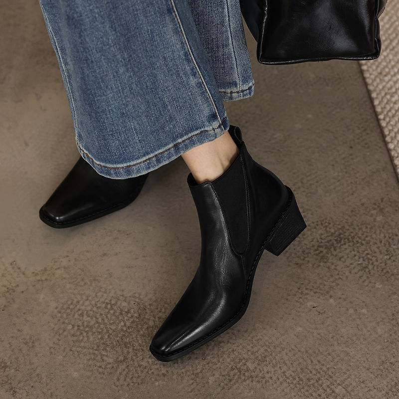 Women's Retro Cowhide Chelsea Boots Vintage Square Toe Slip-on Block High Heel Booties